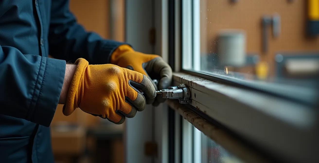 Professional craftsperson's hands adjusting precision-engineered window hardware
