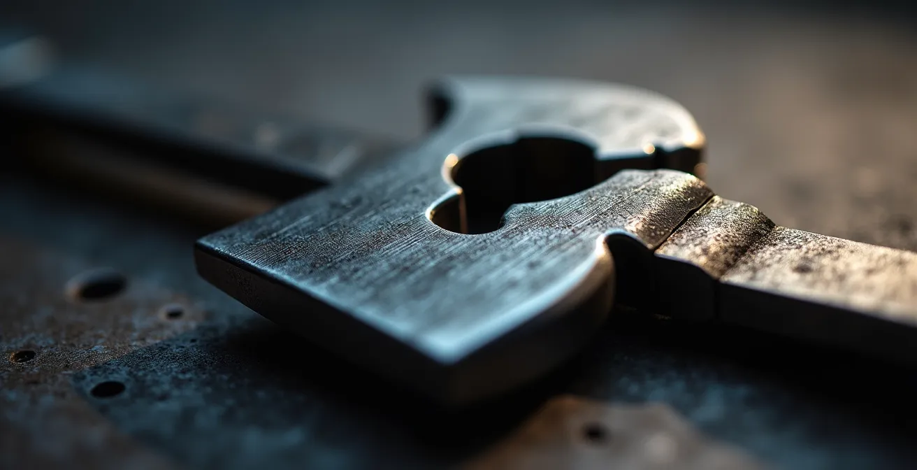 Extreme close-up of precision-engineered window locking mechanism showing material quality