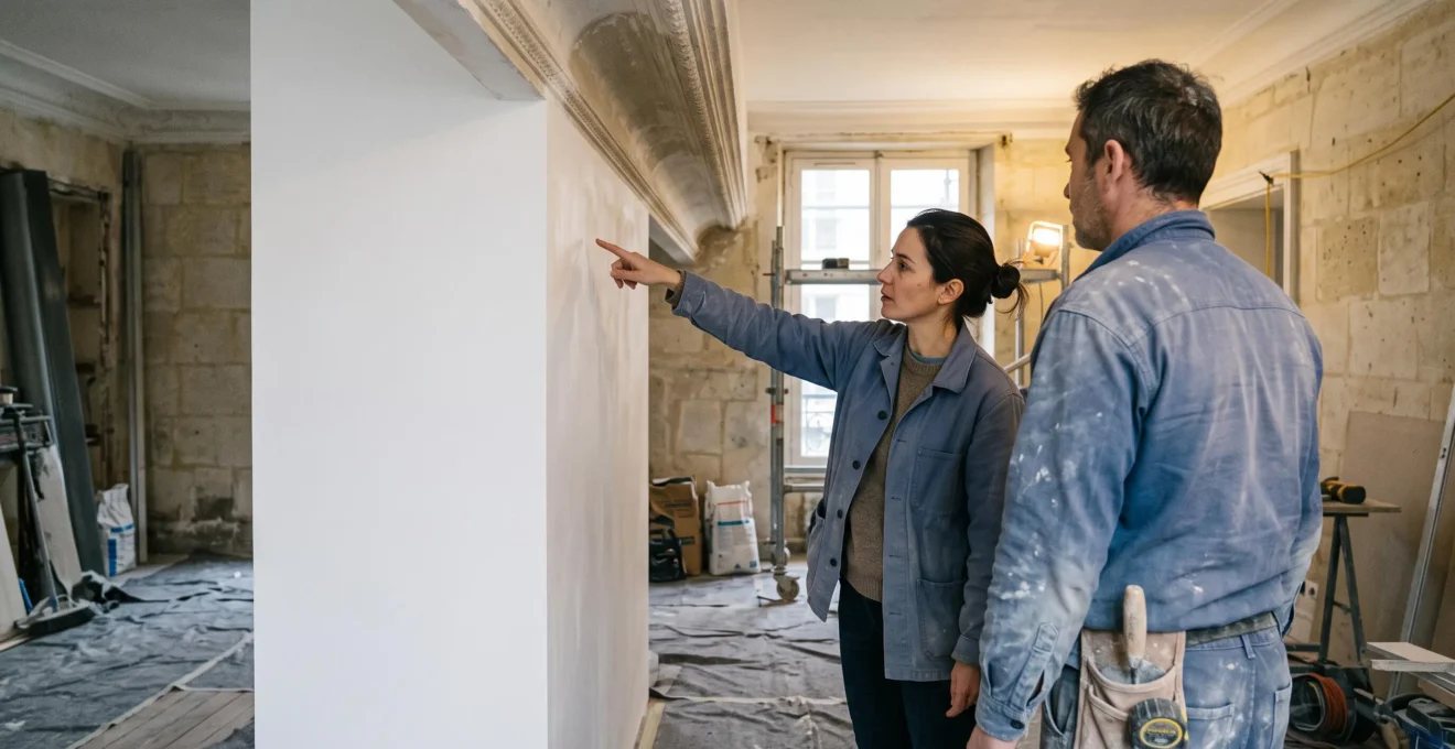 An architect and a plasterer inspect the junction between a new plaster partition and an original decorated ceiling in a Parisian renovation.