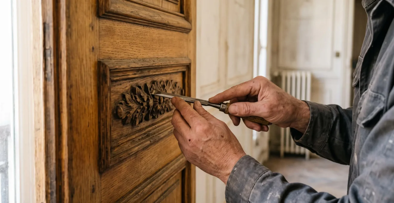 A craftsman's hands restore the carved mouldings of an original wooden door in a Parisian apartment.