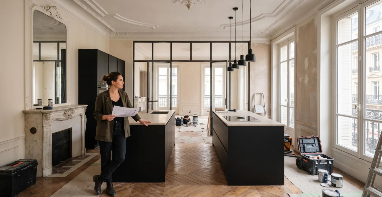 An interior designer inspects a Parisian apartment where preserved period features meet a newly installed contemporary kitchen.
