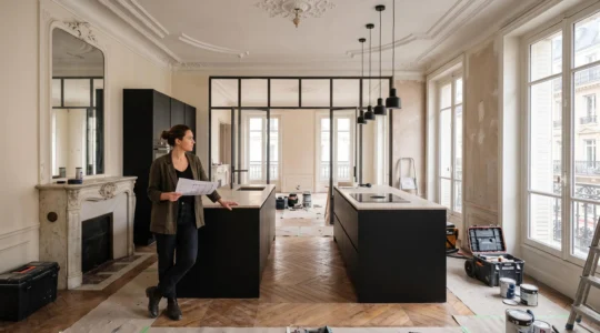 An interior designer inspects a Parisian apartment where preserved period features meet a newly installed contemporary kitchen.